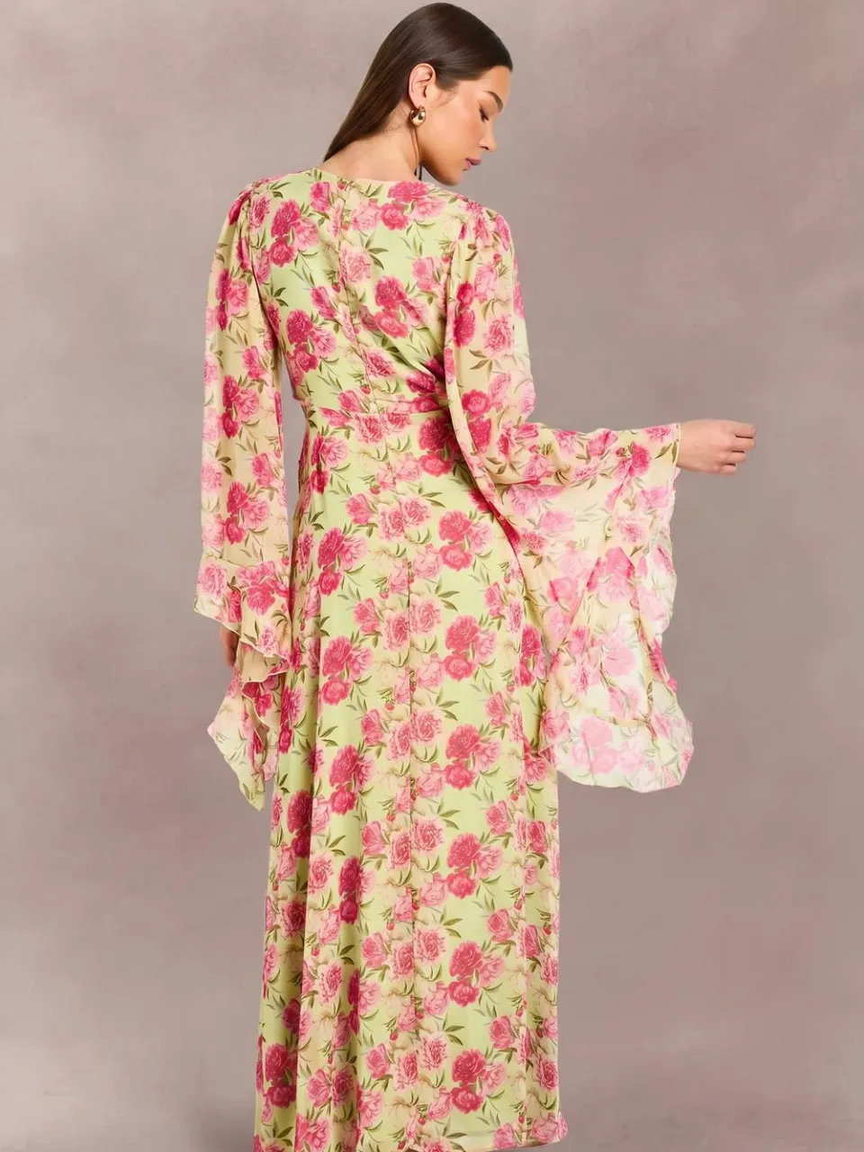 boohoo Dames Chiffon Bloemen Maxi Jurk Met Diepe V-hals Tot Op De Grond zachte limoen, foto 2