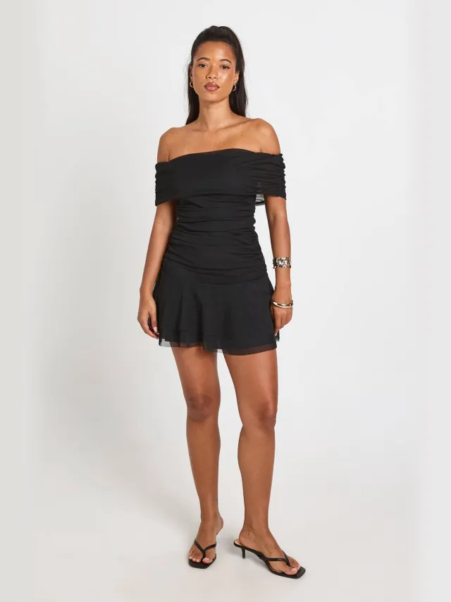 boohoo Dames Mesh Bardot Geplooid Body Skater Jurk Zwart