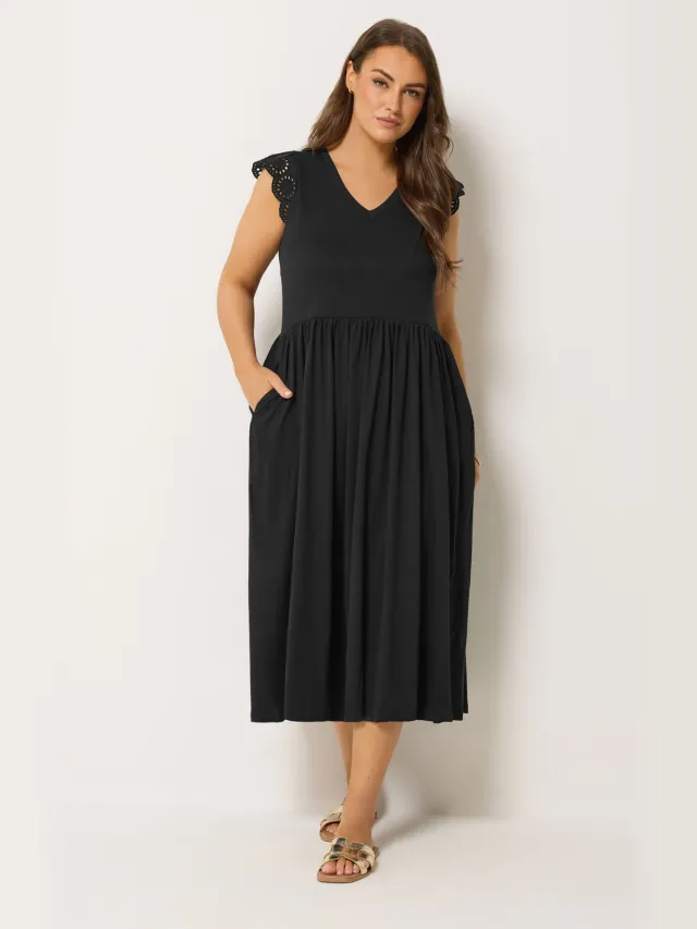 Yours Zwarte Maxijurk Met Broderie Mouwen Black