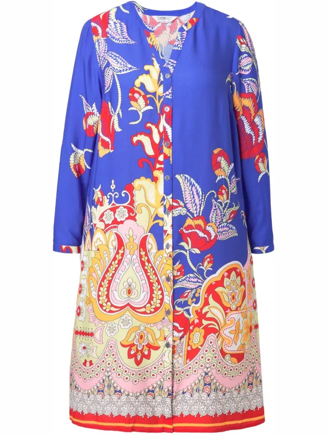 Angel of Style Dames - Midi-jurk all-over motief lange mouw - Donkerblauw