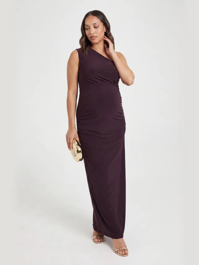boohoo Dames Zwangerschaps Dubbel Slinky One-shoulder Geplooid Maxi Jurk Chocoladebruin