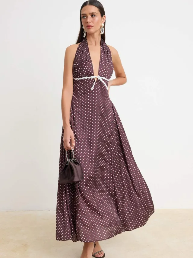 Trendyol TRENDYOLMİLLA Dames Bruin Stippen Maxi Mouwloos Skater Avond & Gala Jurk