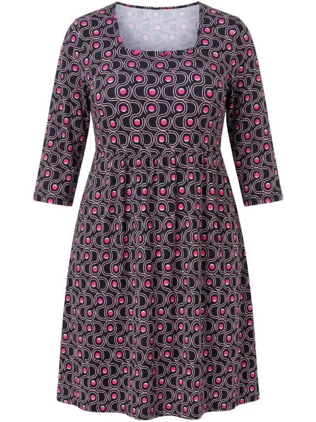 Ulla Popken Dames - Longshirt grafische print carréhals 3/4-mouwen - Zwart - Maat 42+