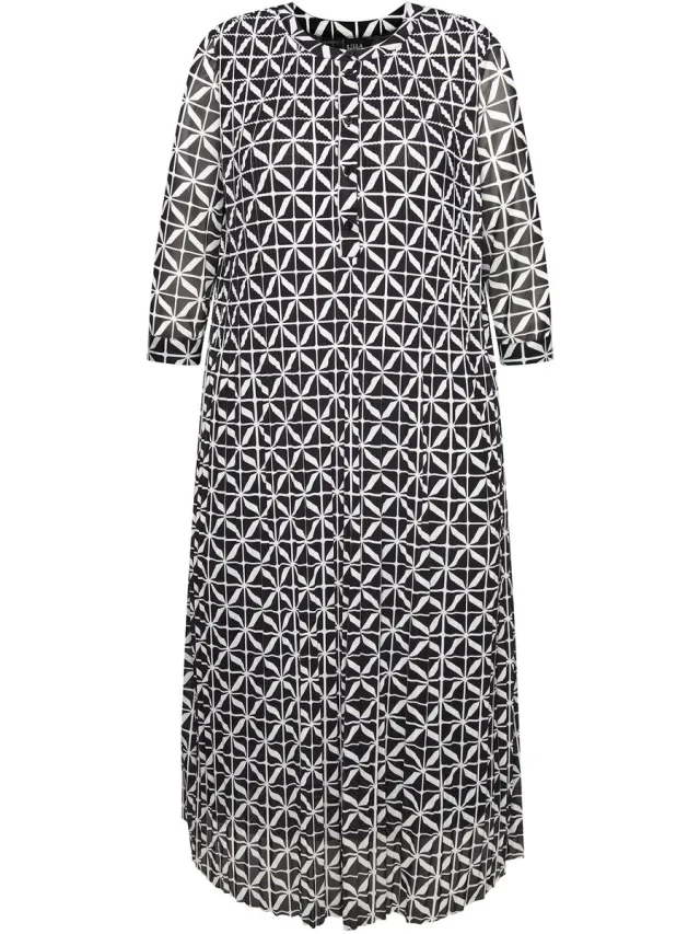 Ulla Popken Dames - Mesh maxi-jurk dubbelgelaagd ronde hals 3/4-mouwen - Zwart