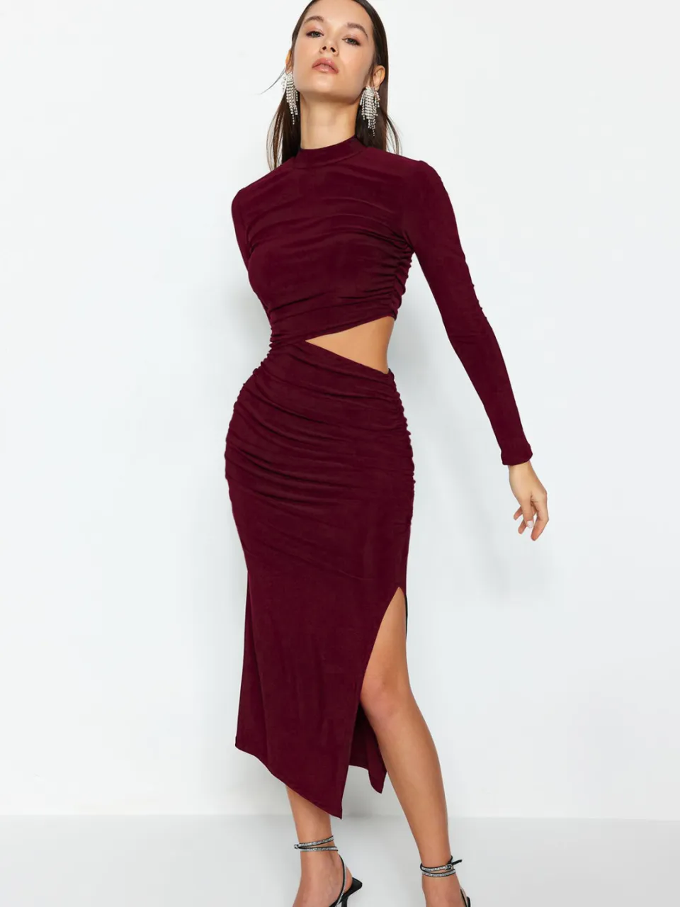Trendyol TRENDYOLMİLLA Dames Bordeaux Effen Midi Lang Stijlvol/Avond Recht Jurken, foto 2