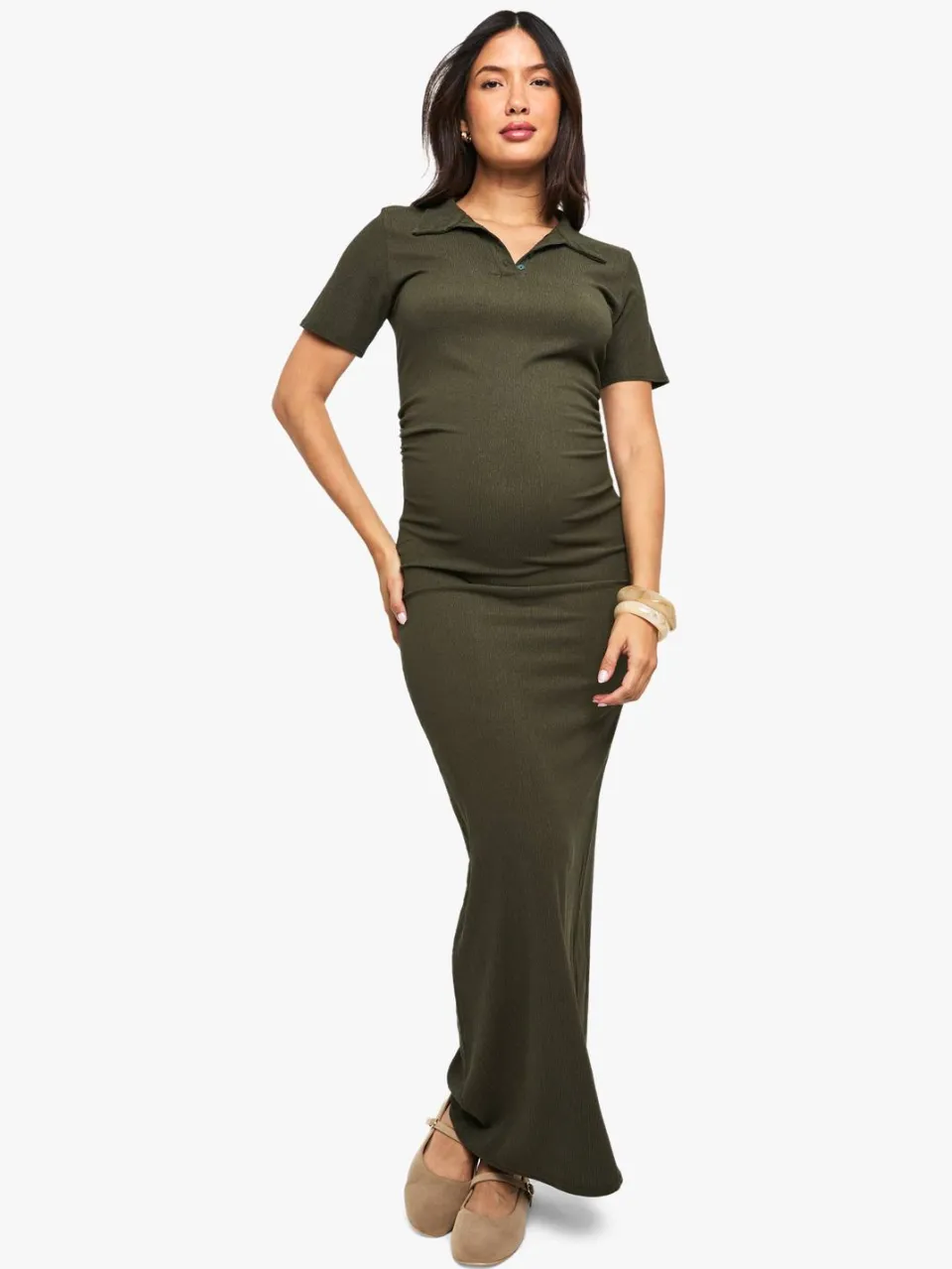 boohoo Dames Zwangerschapsjurk maxi met textuur en knoopdetail kaki, foto 2