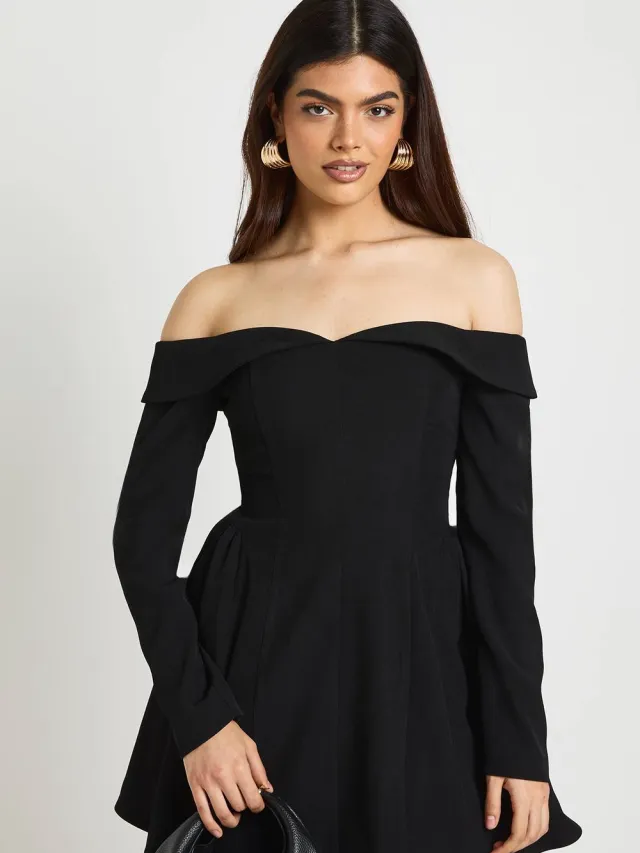 boohoo Dames Lange Mouw Bardot Gestructureerde Skater Jurk Zwart