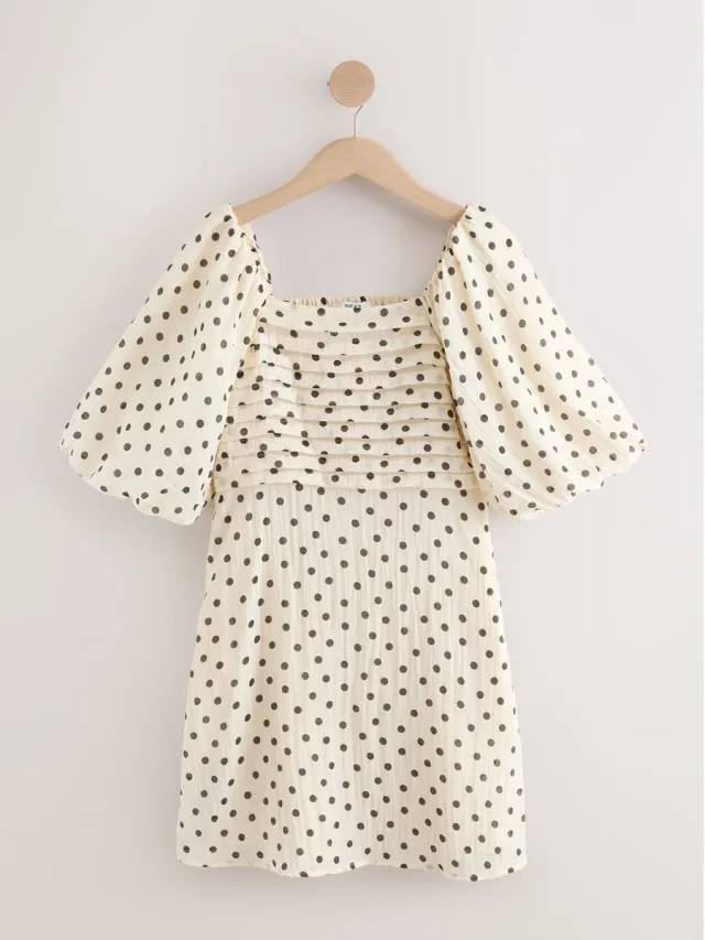 Next Dames - Mini-feestjurk met pofmouwen - Tall - Crème Ecru/Black Polka Dot