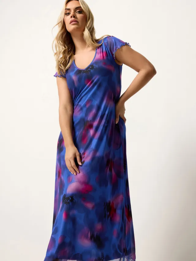 Yours Kobaltblauwe Mesh Maxijurk Met Bloemenprint Blue