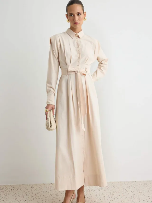 Trendyol Modest Dames Beige Effen Maxi Lang Casual Skater Modest Jurken