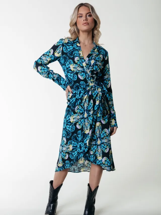 Colourful Rebel Lea Digital Flower Wrap Midi Dress Light Blue
