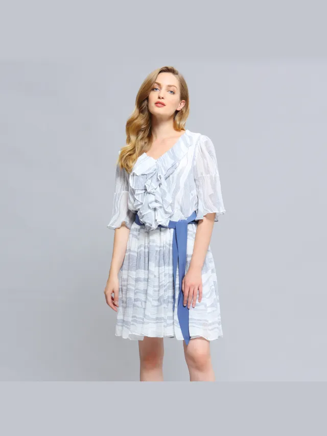 Smart & Joy Lineaire golfprint franje korte jurk Wit
