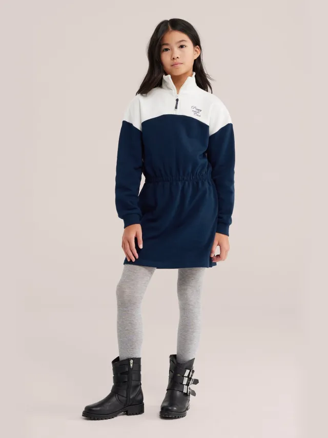 WE Fashion Meisjes sweatjurk met colourblock en quarter-zip Dark blue