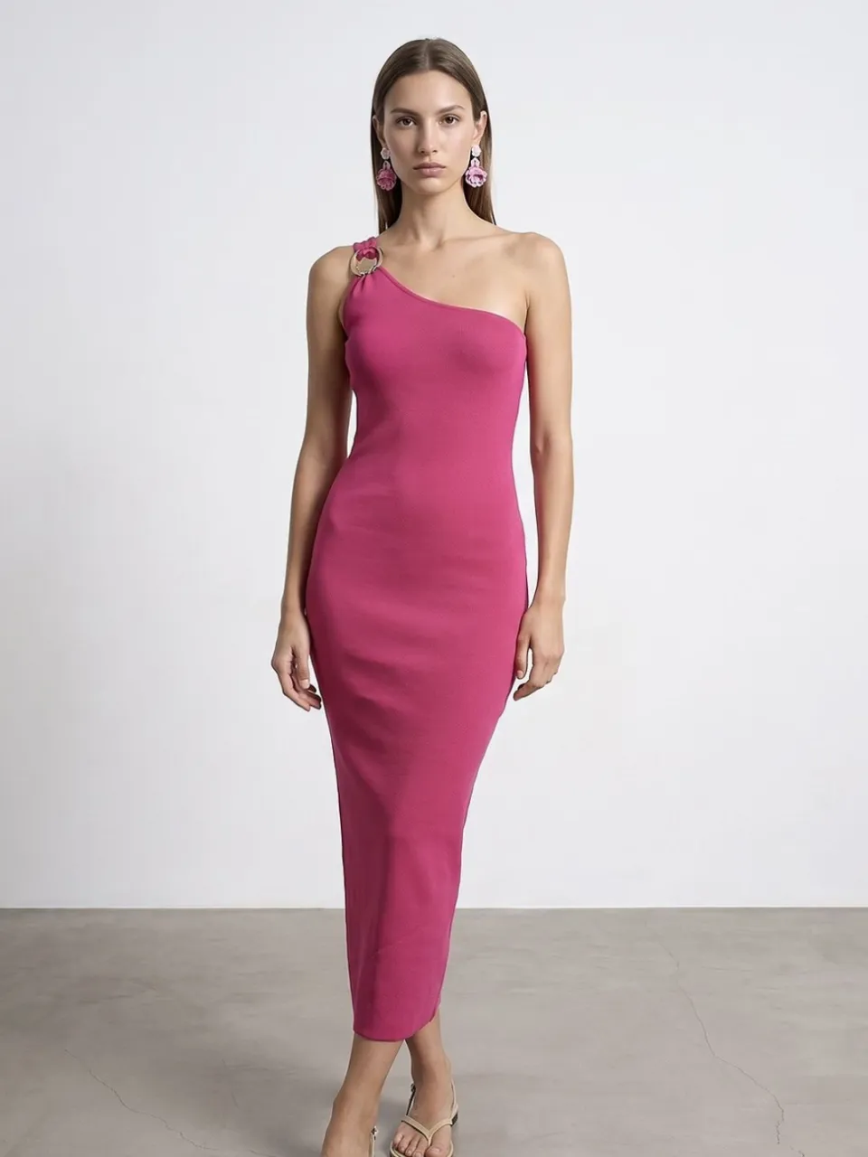 Dilvin Asymmetrische Eéngeschouderde Geribbelde Midi-jurk Fuchsia