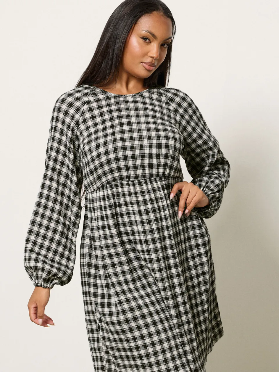 Yours Zwarte Geruite Textuur Smock Jurk, foto 3