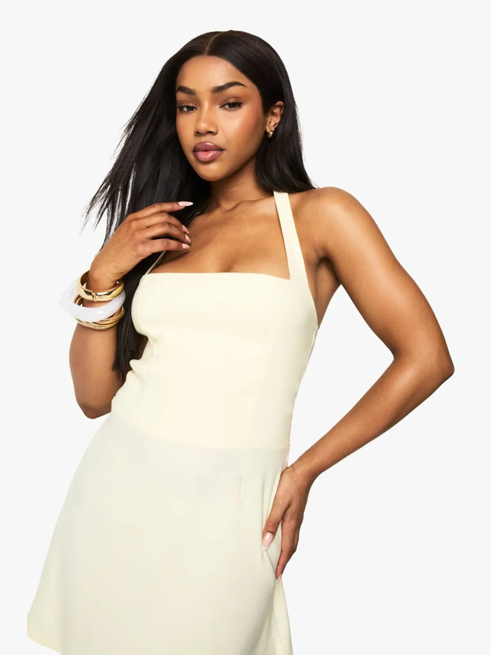 boohoo Dames Bengaline Square Neck Skater Jurk citroen, foto 4