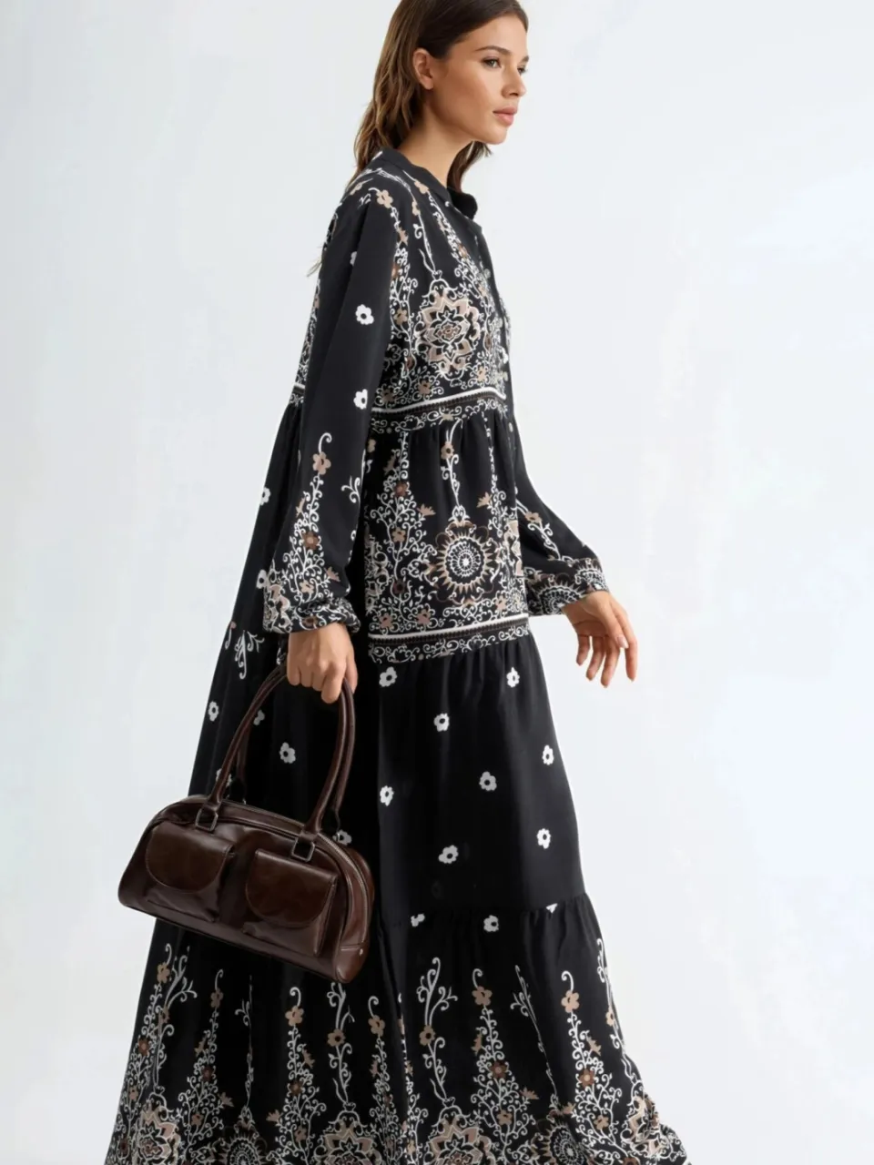 Hiccup Comfort Fit Patroon Maxi Jurk met V-hals zwart, foto 2