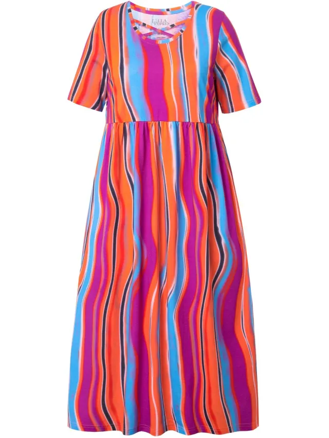 Ulla Popken Dames - Maxi-jurk sierbanden A-lijn ronde hals halve mouw zakken - Purper - Maat 62+