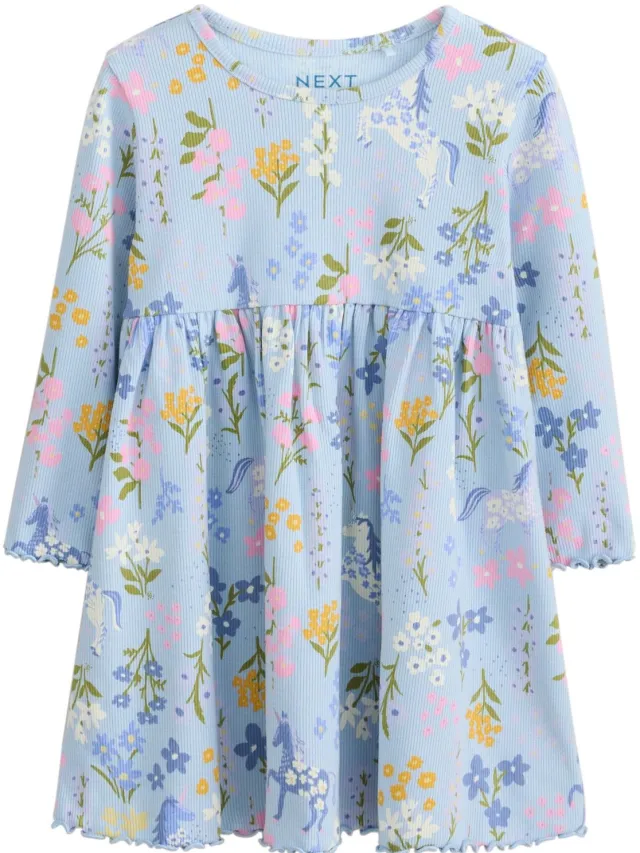 Next Meisjes - Geribbelde jurk met lange mouwen - Blauw Blue Floral Unicorn