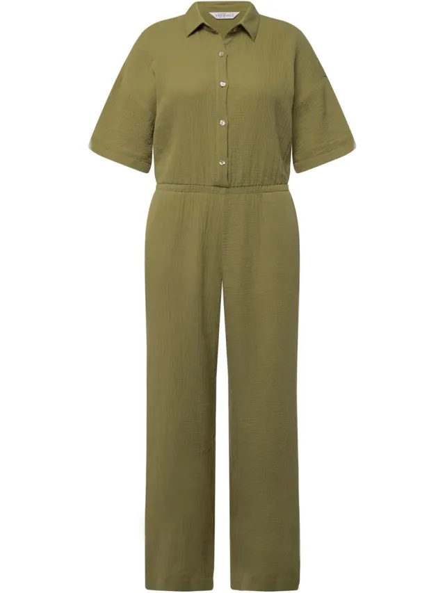 Studio Untold Dames - Jumpsuit mousseline overhemdkraag elastische taille - Lichtkaki - Maat 54+