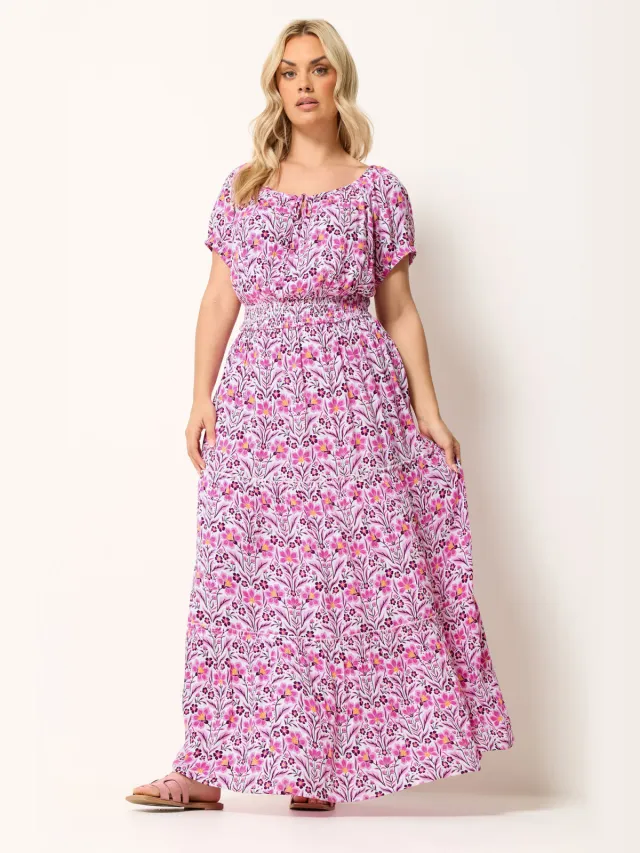 Yours Paarse Bardotmaxijurk Met Bloemenprint En Striksluiting-60 Purple