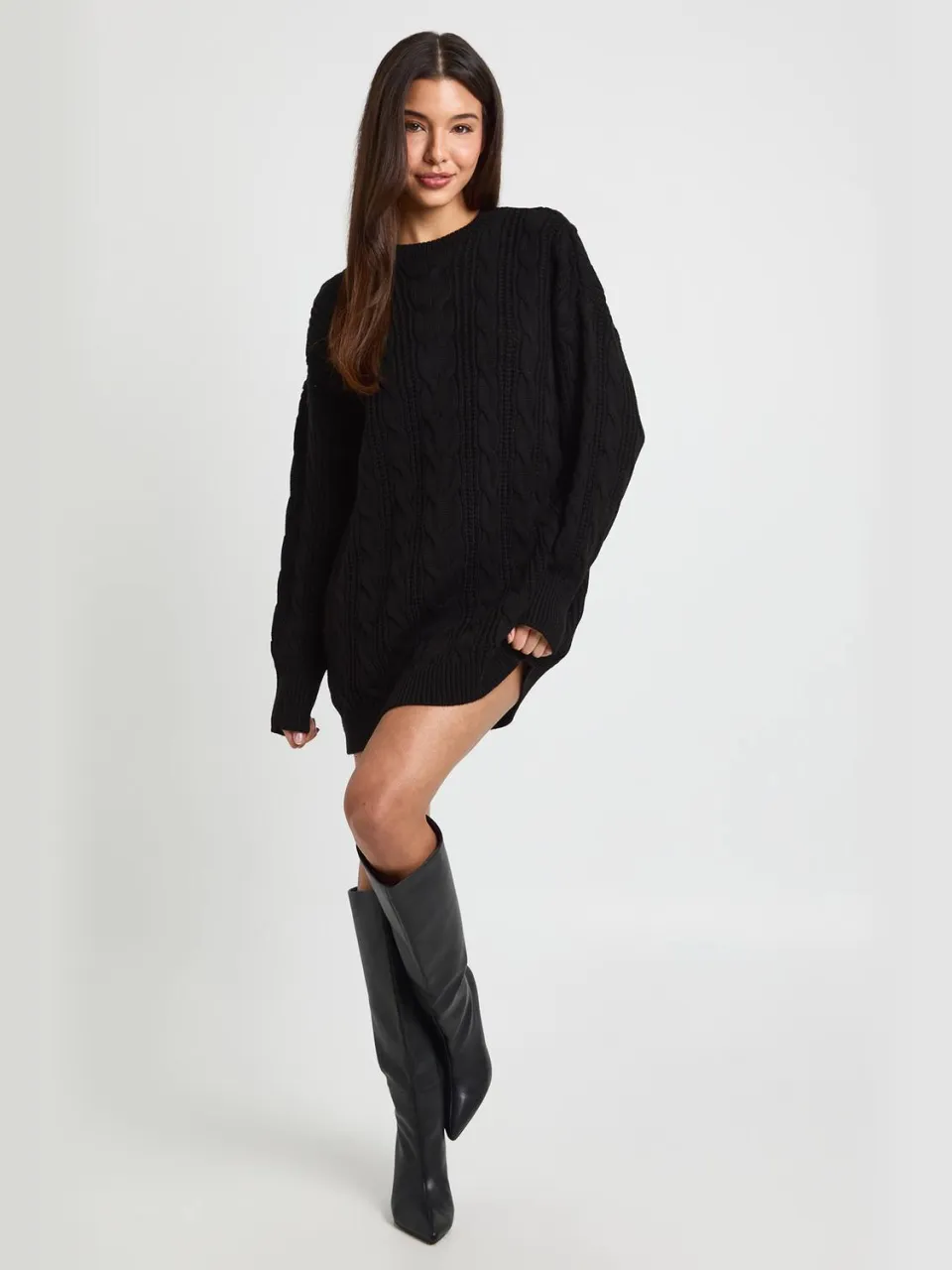 boohoo Dames Grofgebreide Kabeltrui-jurk zwart, foto 2