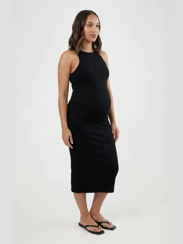 boohoo Dames Zwangerschaps Basic Geribbelde Racer Neck Midi Jurk Zwart