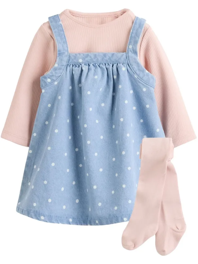 Next Meisjes - 3-delige babyset van overgooier, romper met lange mouwen en maillot - Blauw Denim Spot