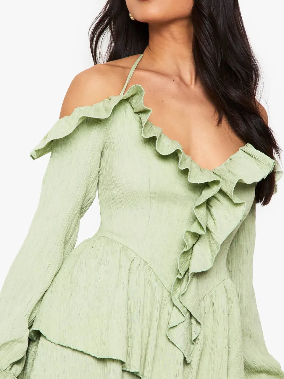 boohoo Dames Crinkle Ruffle Gelaagde Mini Jurk verstandig, foto 4