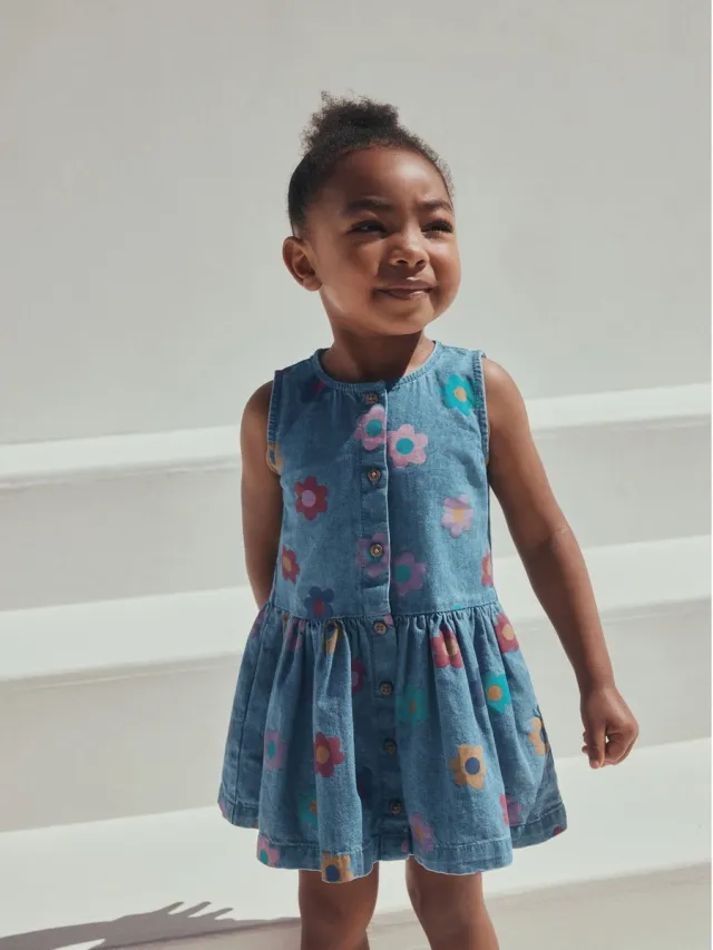 Next Meisjes - Mouwloze Denim Jurk - Blauw Flower Print