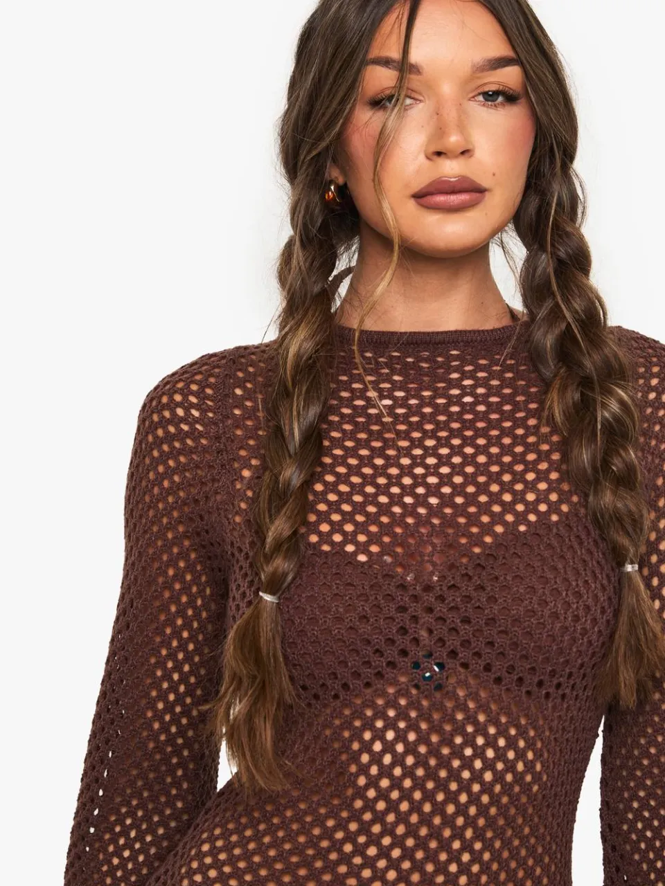 boohoo Dames Gehaakte mini-jurk met uitlopende mouwen chocoladebruin, foto 5