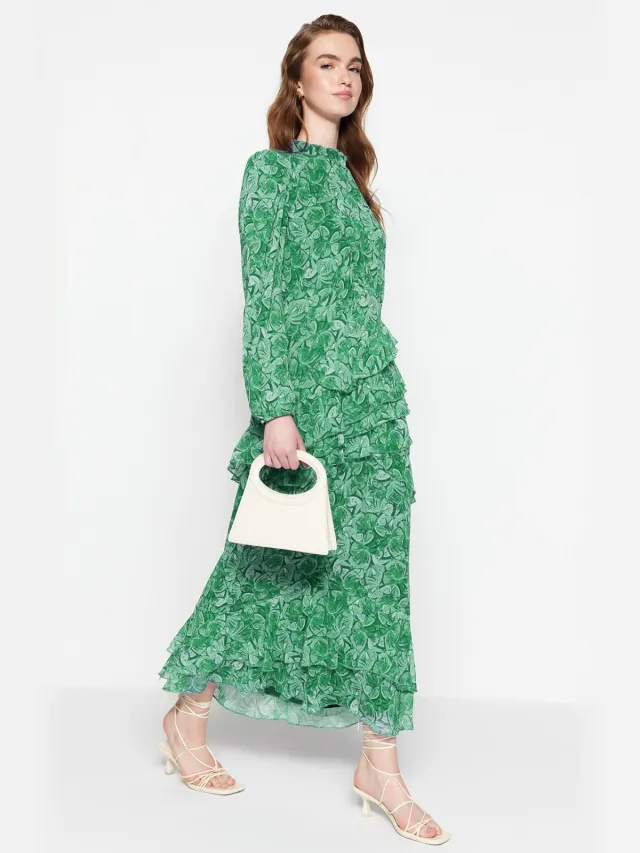 Trendyol Modest Dames Kaki Bloemen Maxi Lang Stijlvol/Avond Skater Modest Jurken