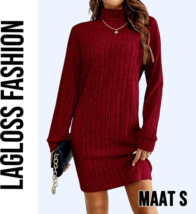 LaGloss Elegante Bordeaux Jurk met Kraag en Lange Mouwen – Franse Stijl Dames Jurk voor Herfst & Lente Rood