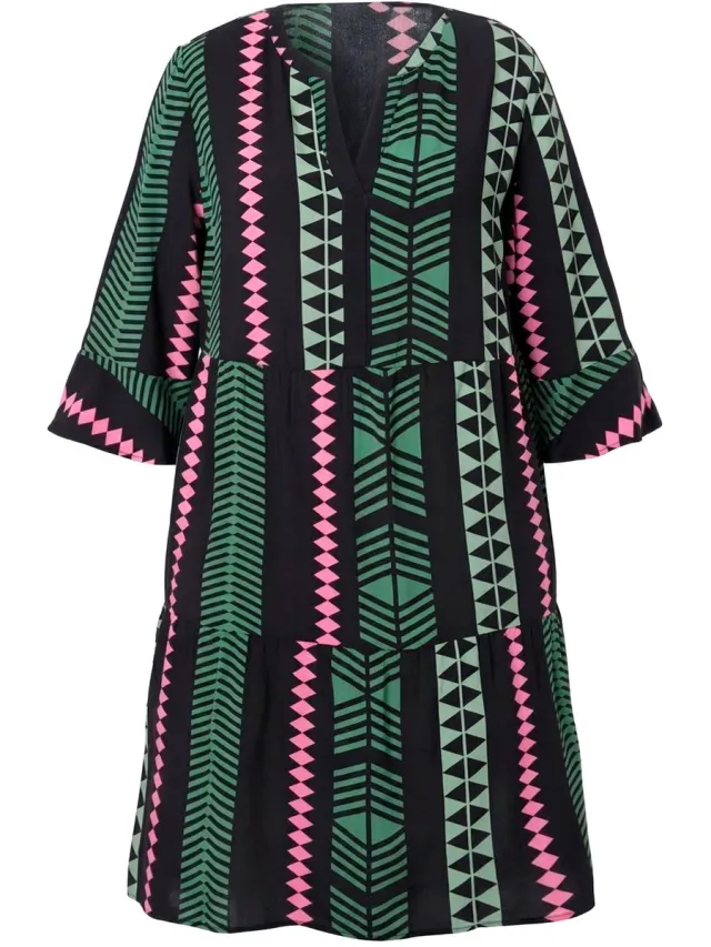 Ulla Popken Dames - Jurk grafische print tuniekhals 3/4-mouwen - Donker eucalyptus - Maat 50+