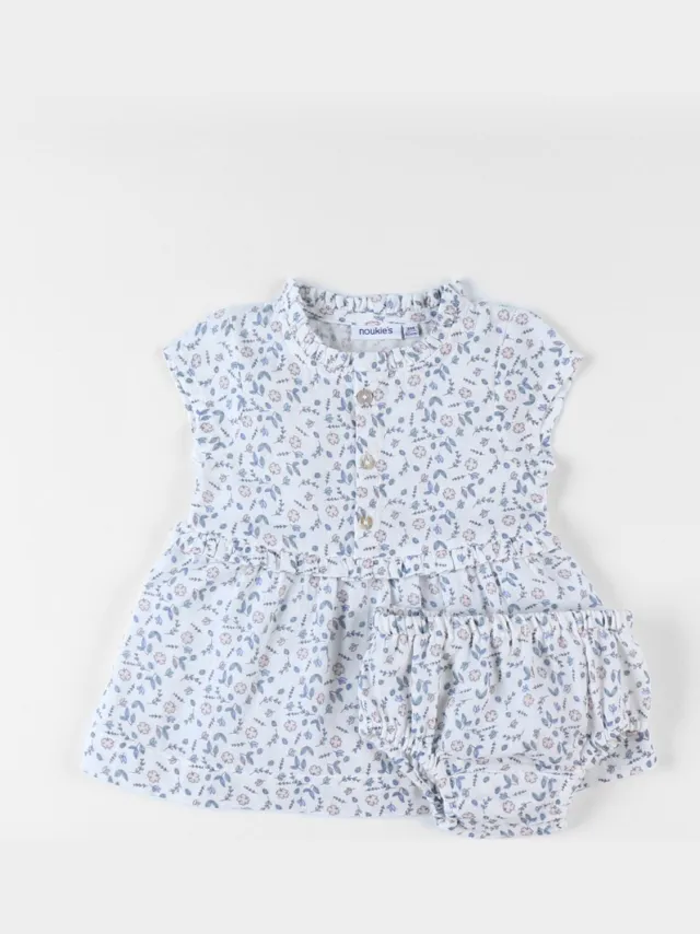 Noukie's Jurk+ Bloomer - Bloempjes - Ecru - 9 maand 74 ecru met blauw en roze