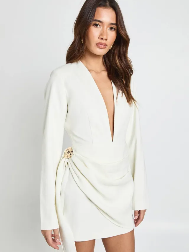 boohoo Dames Mini Jurk met Goudkleurige Afwerking en Wikkel Detail Ivoor