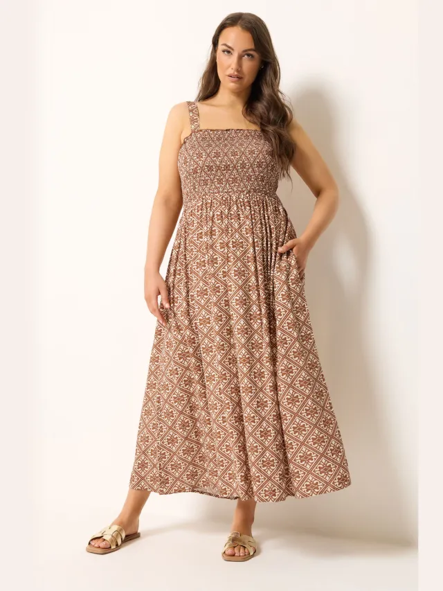 Yours Bruine Geometrische Geplooide Zomerjurk-56 Brown