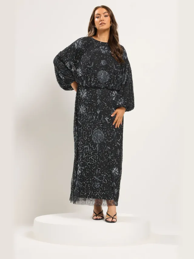 Yours Limited Collection Zwarte Versierde Jurk Met Lange Mouwensize 44 Black