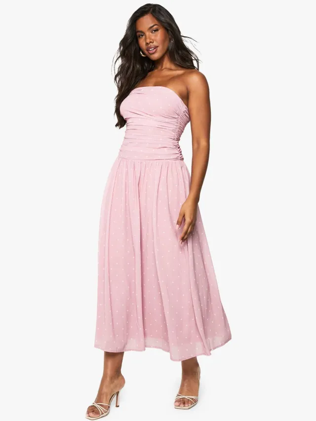 boohoo Dames Chiffon Polka Dot Bandeau Midaxi Jurk Lichtroze