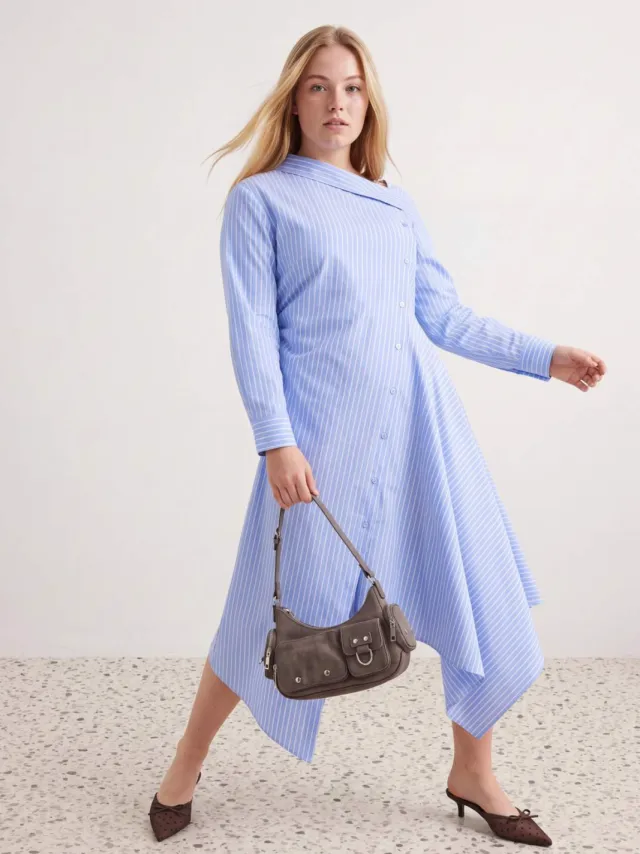 Trendyol Curve Dames Blauw Gestreept Midi Lang A-lijn Grote maten Jurk, foto 2