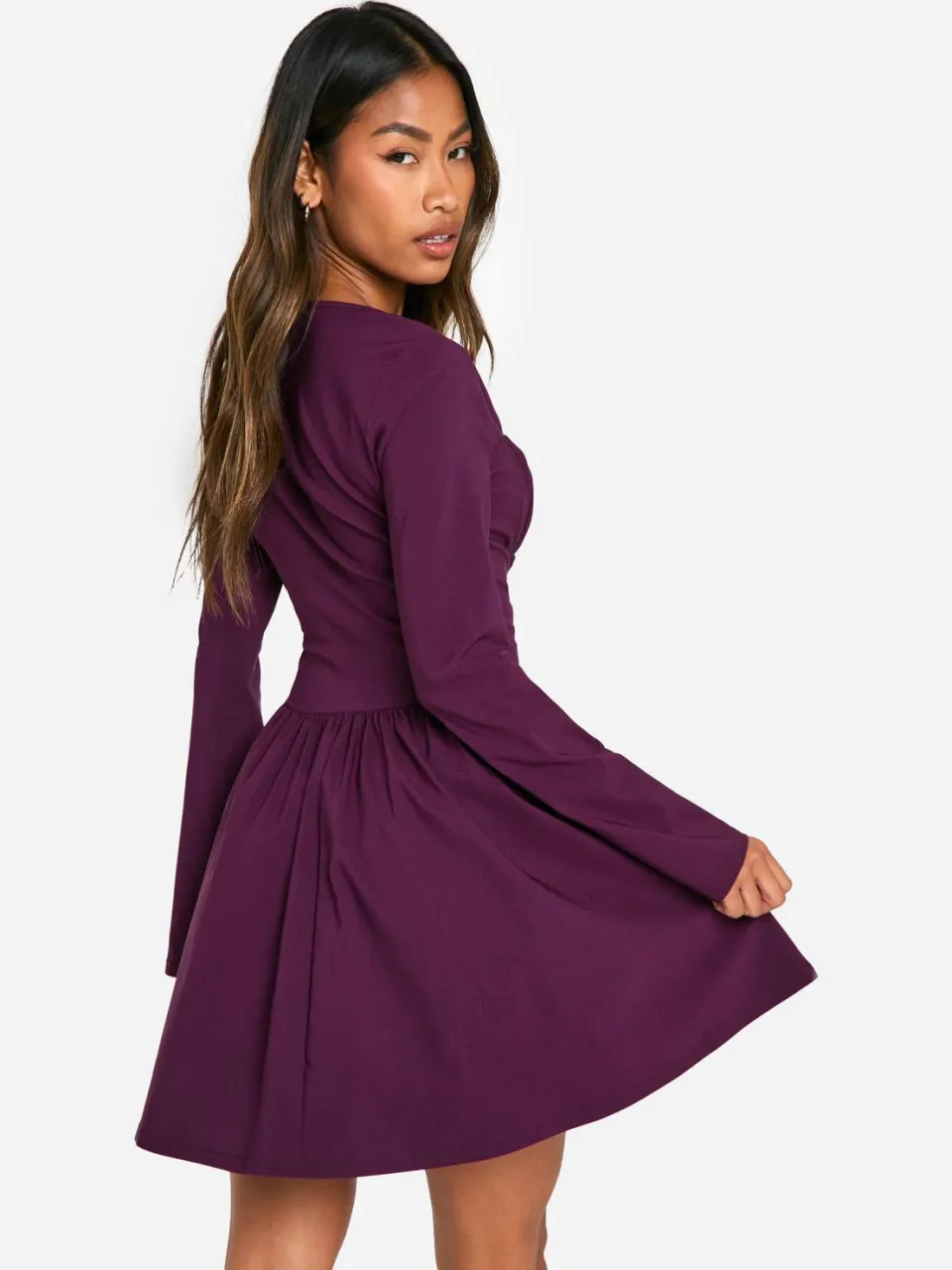 boohoo Dames Bengaline Corset Lange Mouw Skaterjurk pruim, foto 2