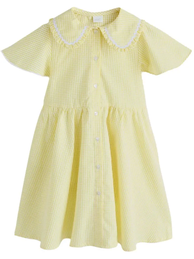 Next Meisjes - Katoenrijke gingham schooljurk met wijde mouwen - Geel Yellow