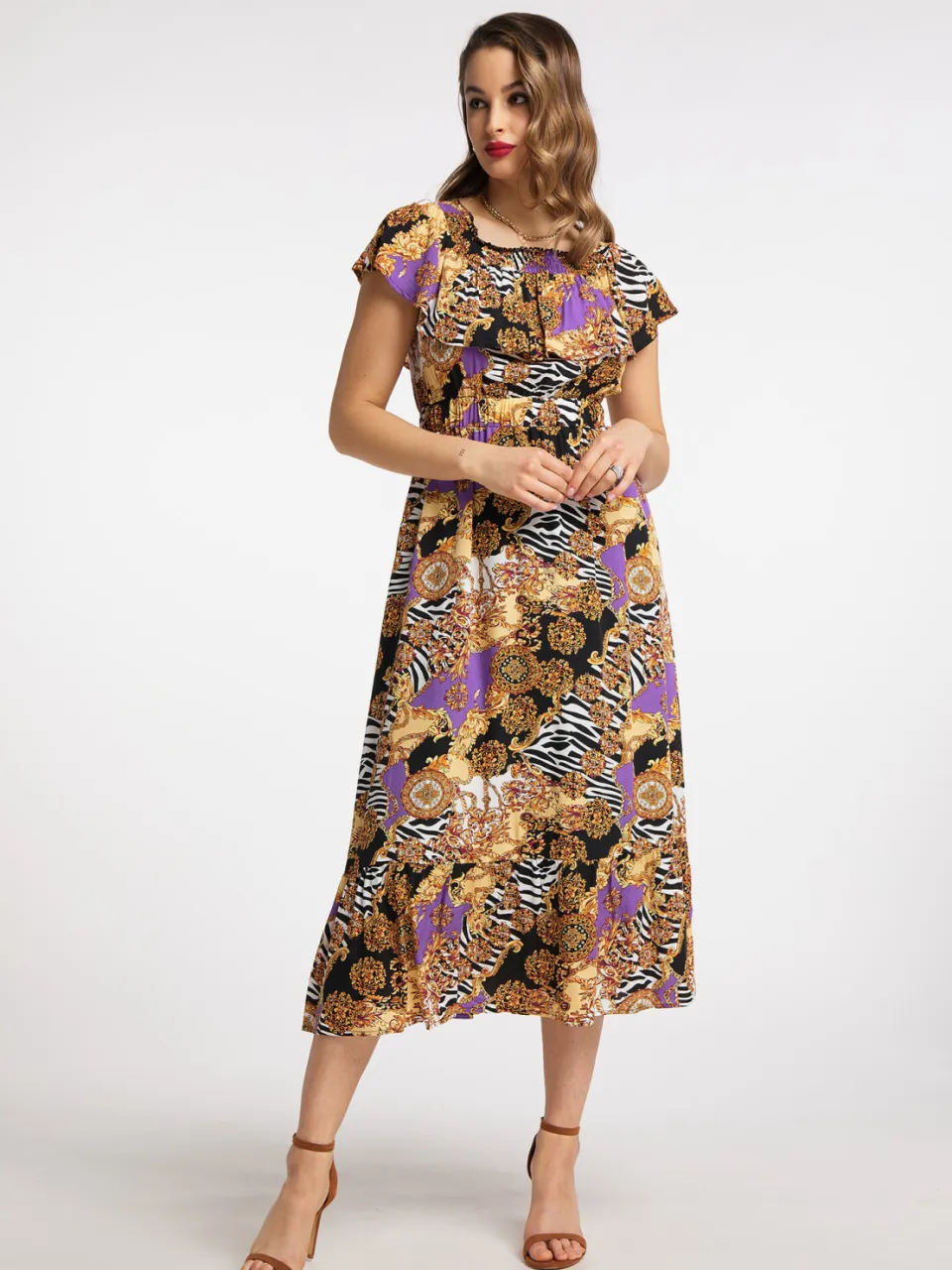 Faina midi-jurk Dames Oranje Veelkleurig