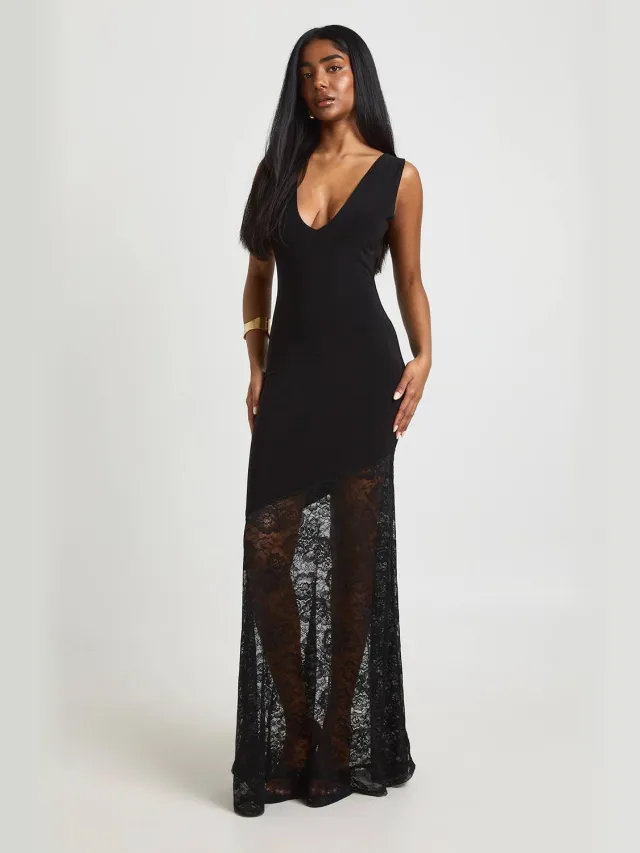 boohoo Dames Strakke Maxi Jurk Met Diepe Hals, Mouwloos En Kanten Zoom Zwart