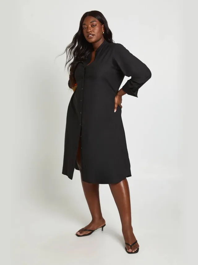 boohoo Dames Plus Linen Look Midi Shirt Dress Zwart