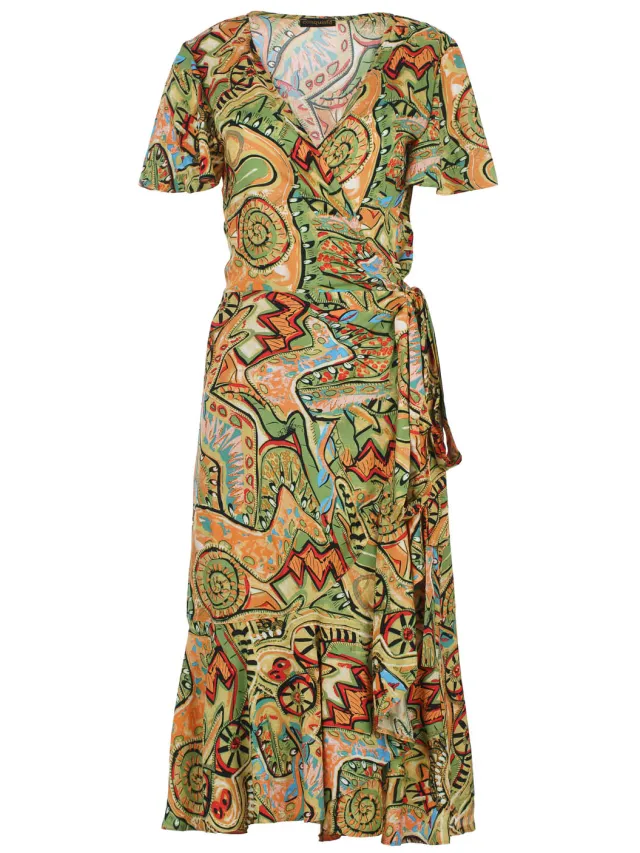 Conquista Tribal Rhapsody Viscose Midi Dress Oranje