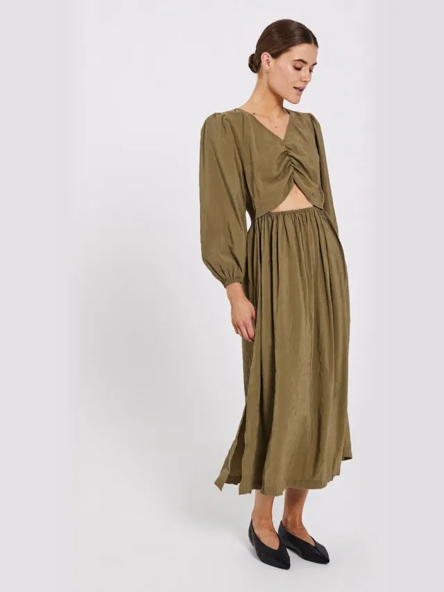 Norr Moa midi dress olive - NORR Olijfgroen