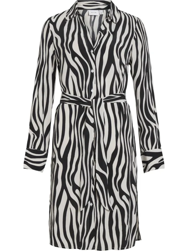 Vila 14084529 - VIFINI L/S MIDI SHIRT PANTERPRINT DRESS - NOOS Black/WHITE