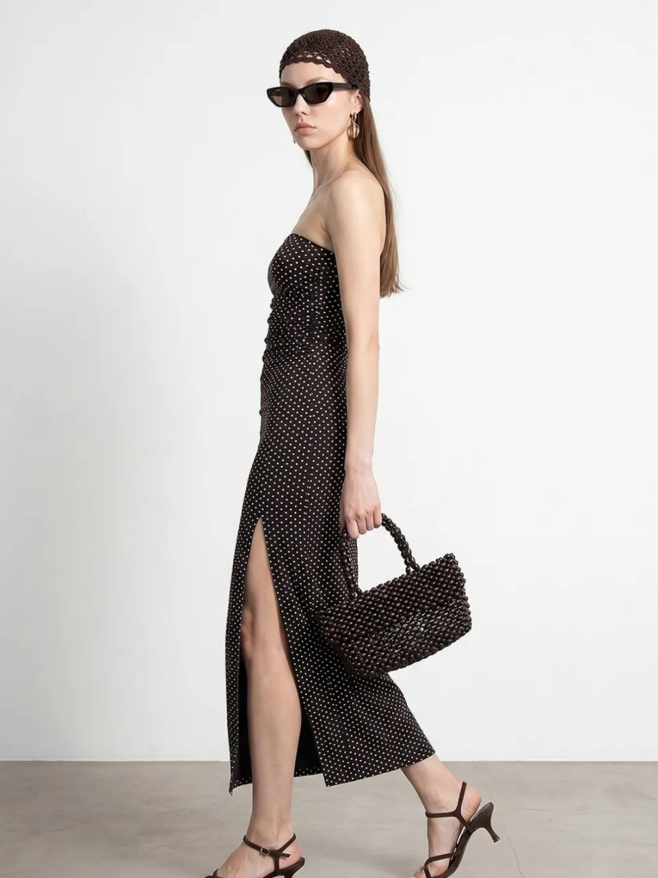 Dilvin Strapless Polkadot Bodycon Midi-jurk Zwart