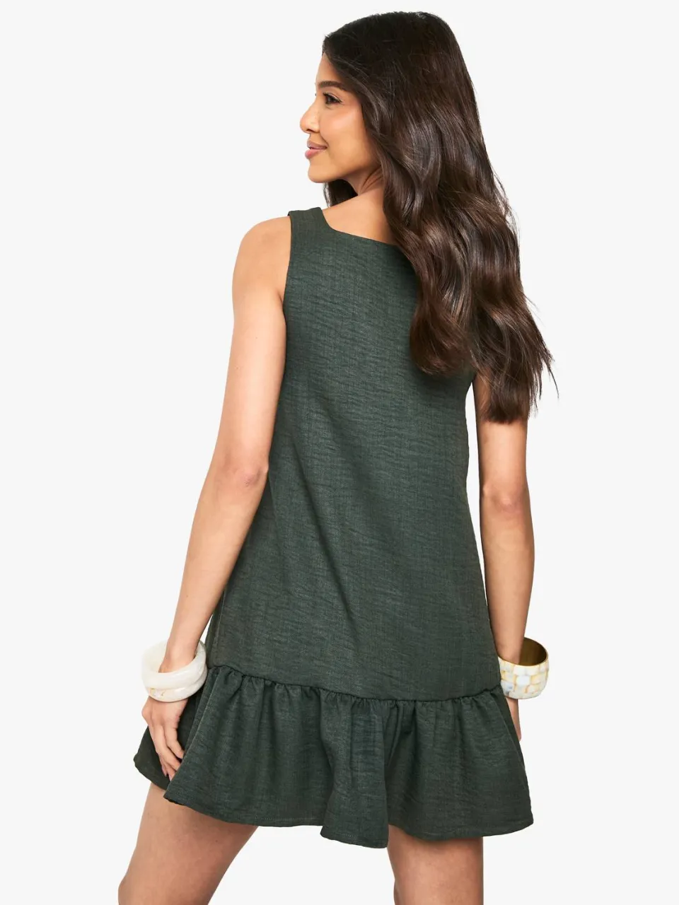 boohoo Dames Linnenlook mini-jurk met vierkante hals en drop zoom olijf, foto 3